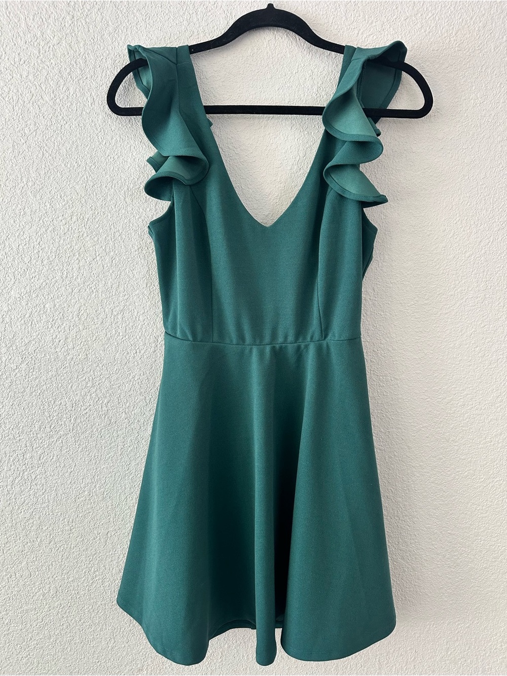 Mi Ami Teal Ruffle-Shoulder V-Neck Skater Mini Dress Francesca’s Collection